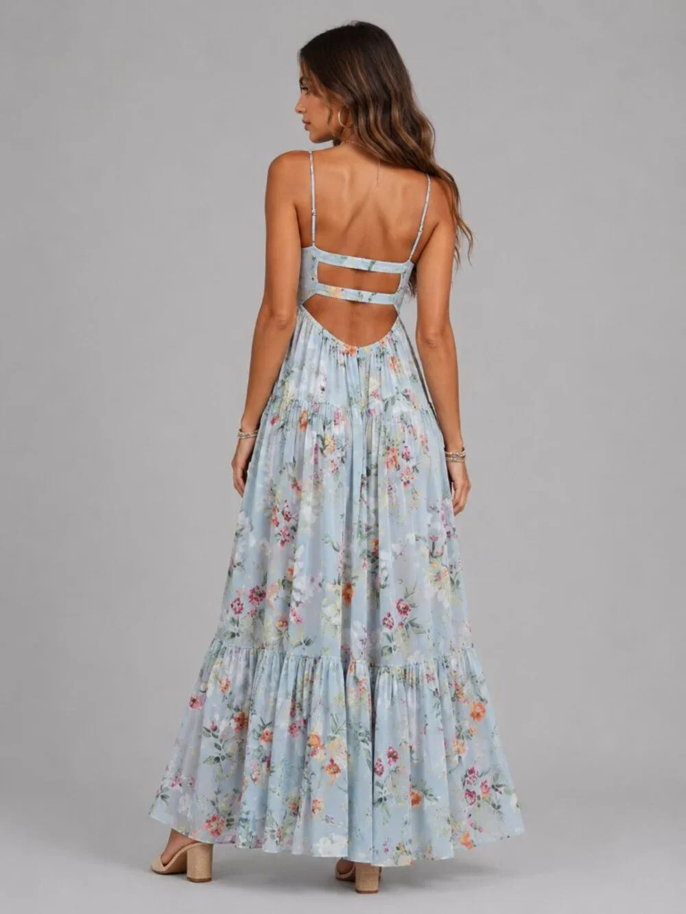 Women's Cotton Floral Print Maxi Dress Backless Cami Boho Summer Beach Vacation - Picture 2 of 4